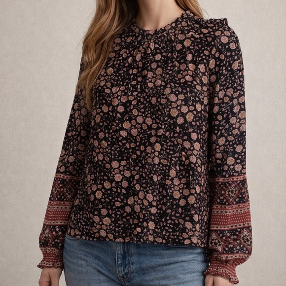 Floral Long Sleeve Blouse and Brown Skirt - Picture 2 of 8